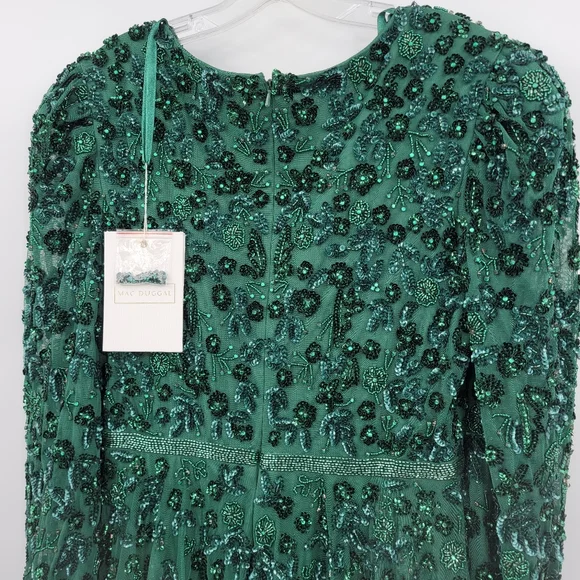 Mac Duggal Green Embellished V Neck 3/4 Sleeve A Line Gown - Picture 5 of 15